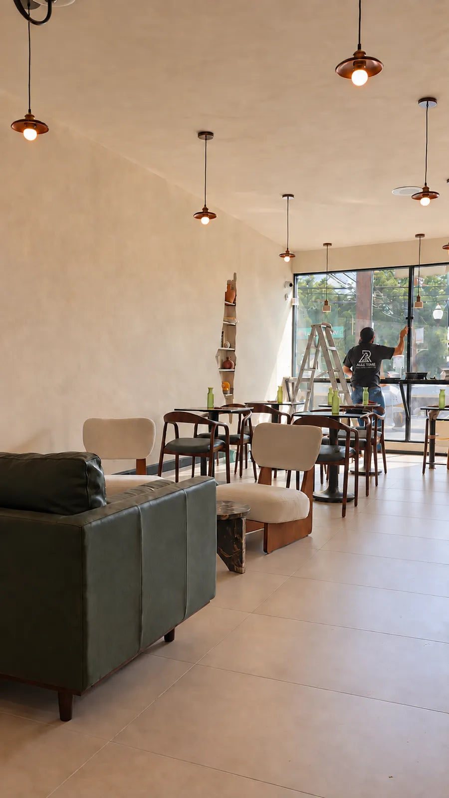 Hand-applied limewash interior at Coffiyeh Coffee Shop in Clifton NJ