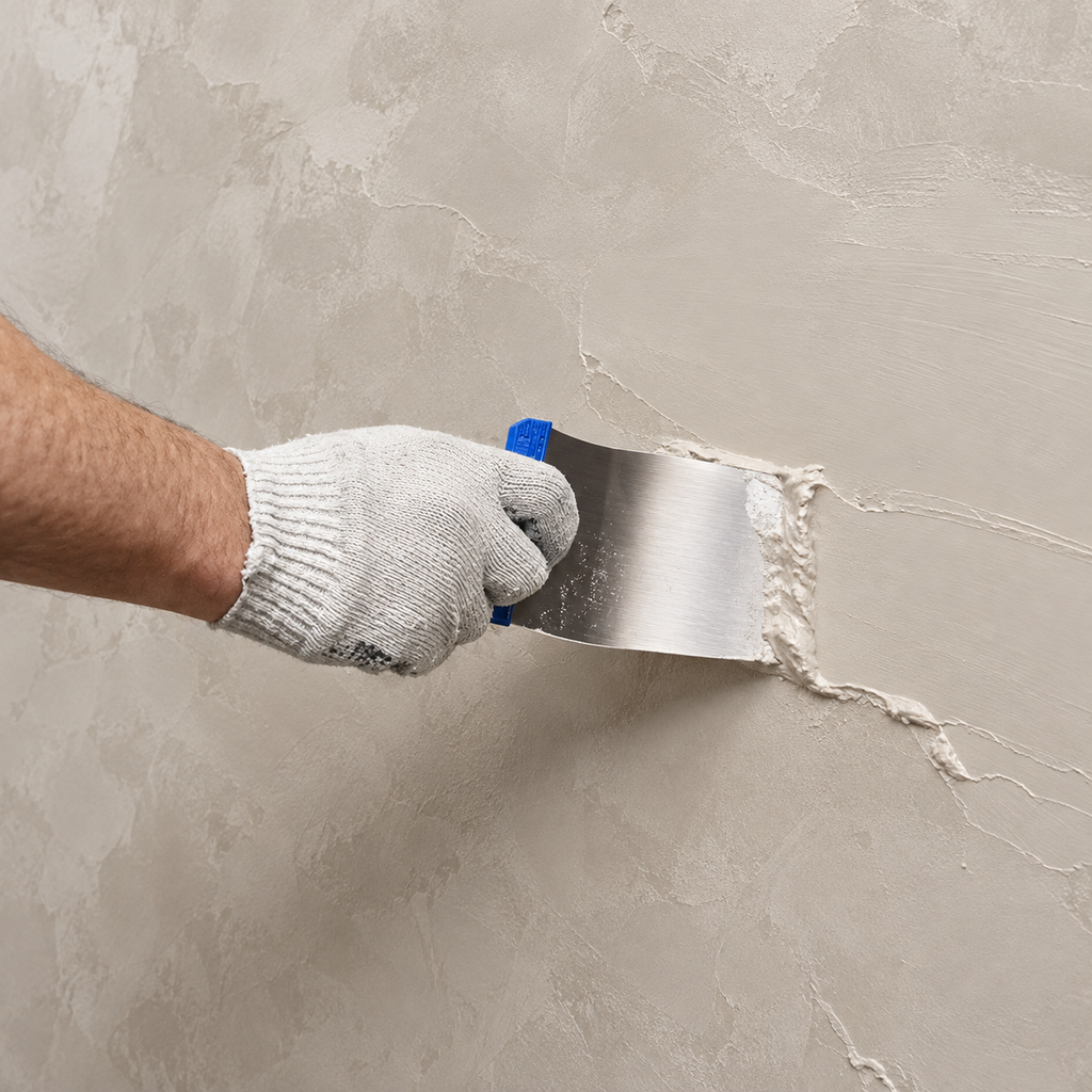 Illustration of a gloved hand applying decorative plaster with a steel scraper
