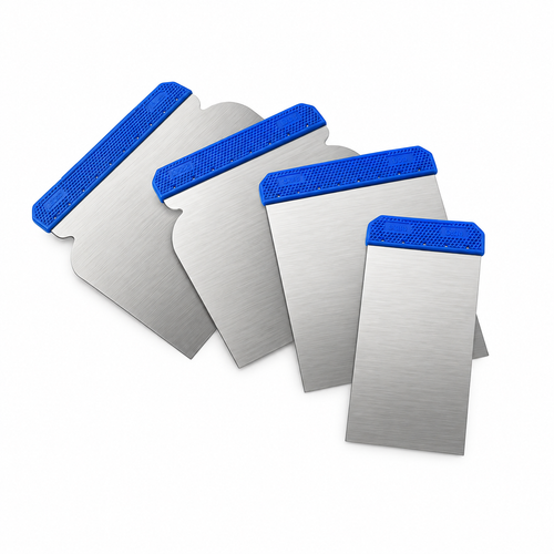 Four-piece carbon steel scraper set with blue finger grips