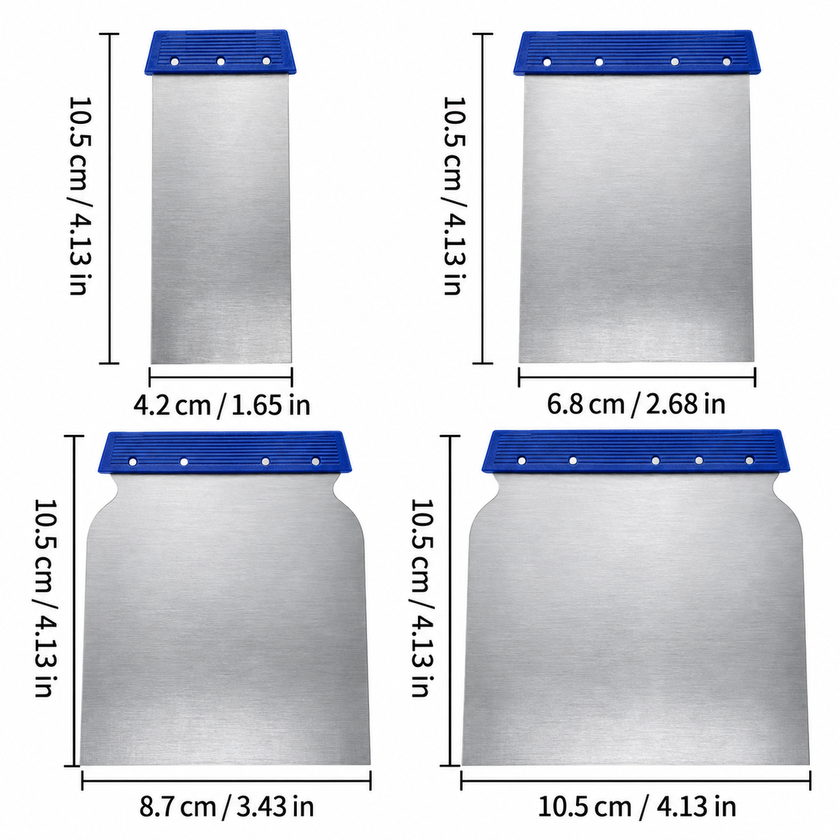 Supplier-reference dimension chart for four-piece scraper set
