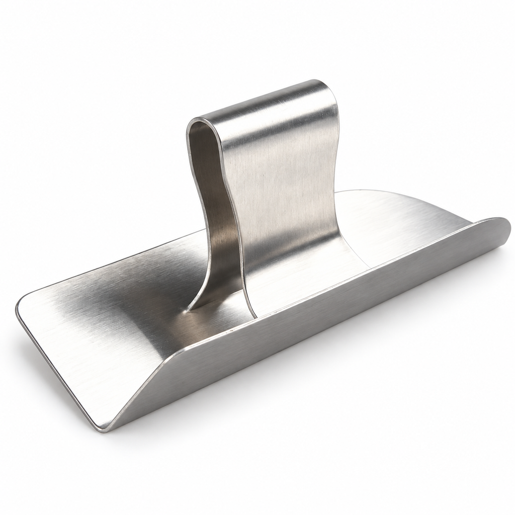 Stainless steel plaster corner tool with folded metal finger grip
