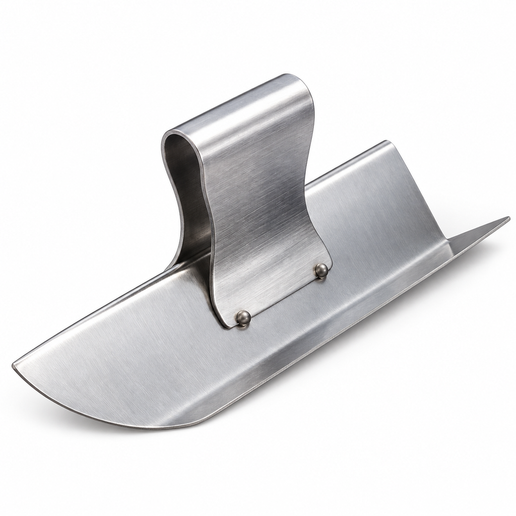 Complementary stainless steel corner finishing tool on white background