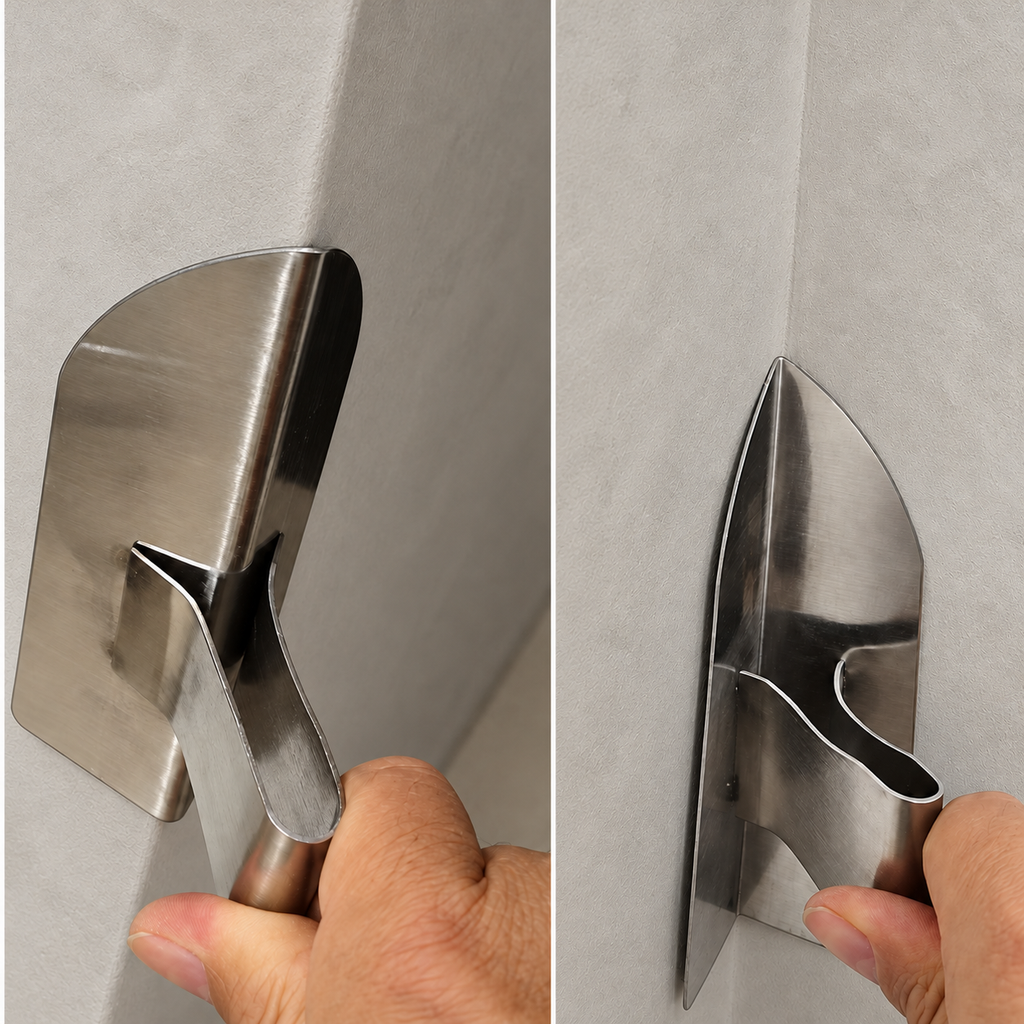 Illustration of corner finishing tools in use on decorative plaster walls