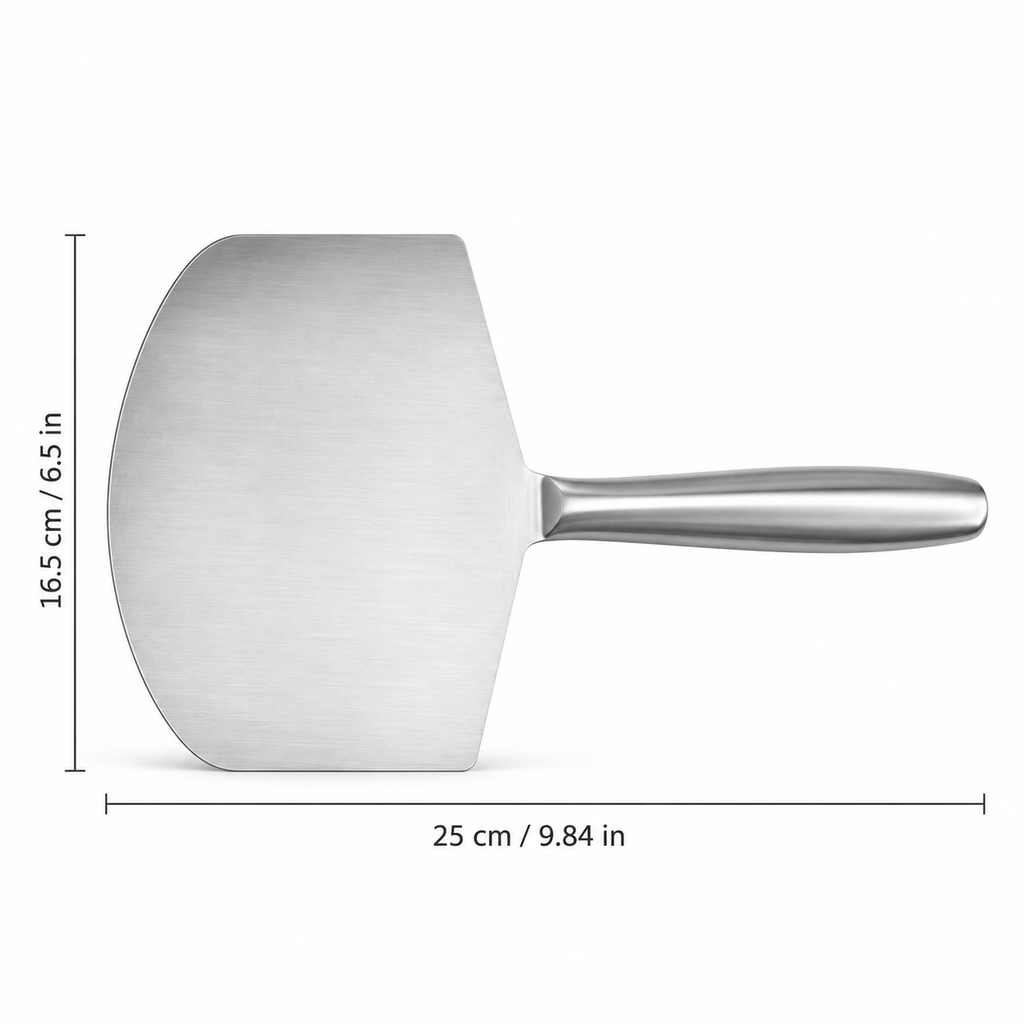 Curved stainless steel spatula dimensions: 25 cm overall length and 16.5 cm blade width