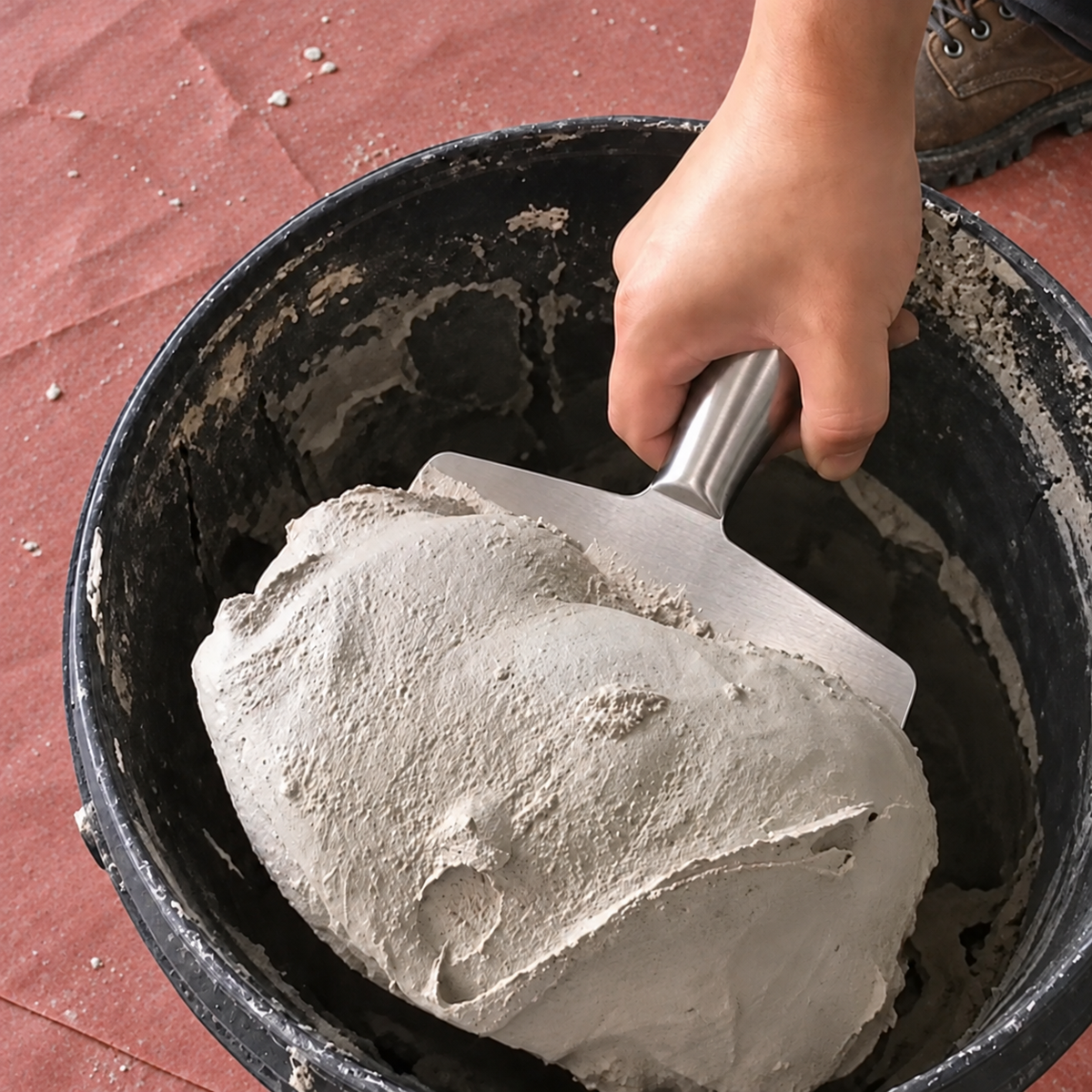 Illustration of stainless steel curved spatula scooping plaster from a black bucket on red rosin paper