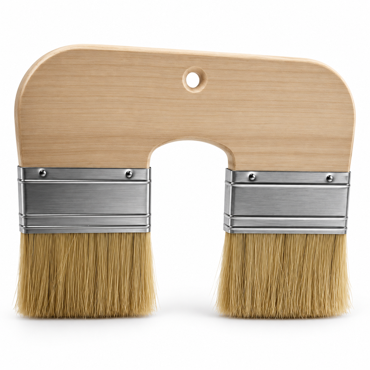 Close-up of wood handle, metal ferrules and bristles