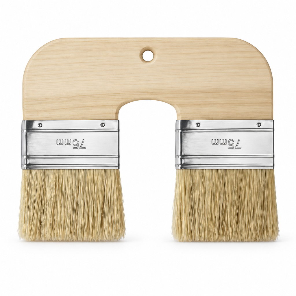 Double-head faux limewash effect brush with wooden handle and two bristle heads