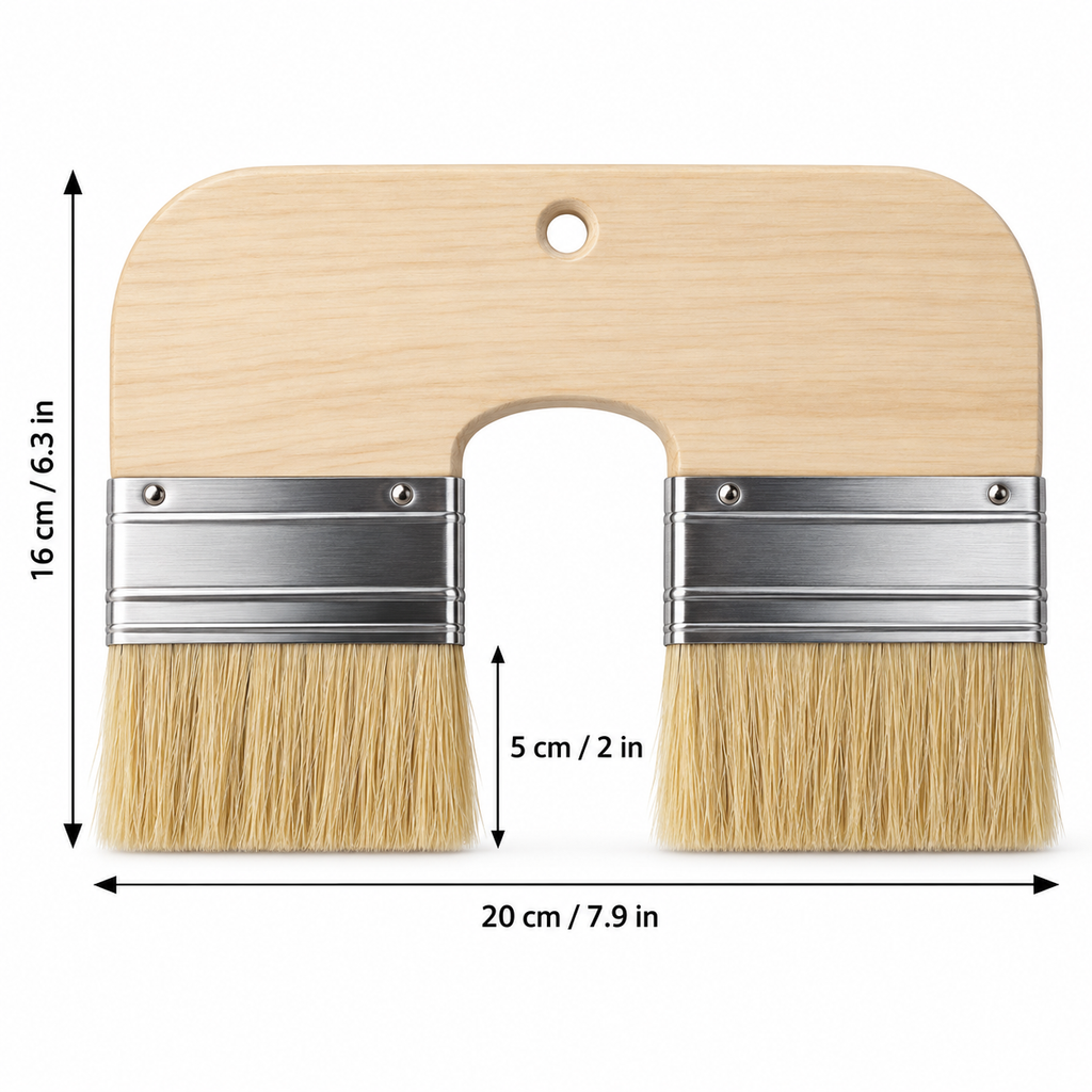 Brush dimensions: 20 cm wide, 16 cm tall and 5 cm exposed bristles