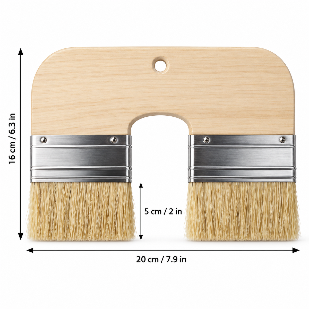 Brush dimensions: 20 cm wide, 16 cm tall and 5 cm exposed bristles