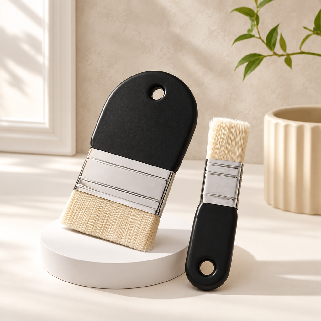 Flat brush set displayed against a warm neutral limewashed wall