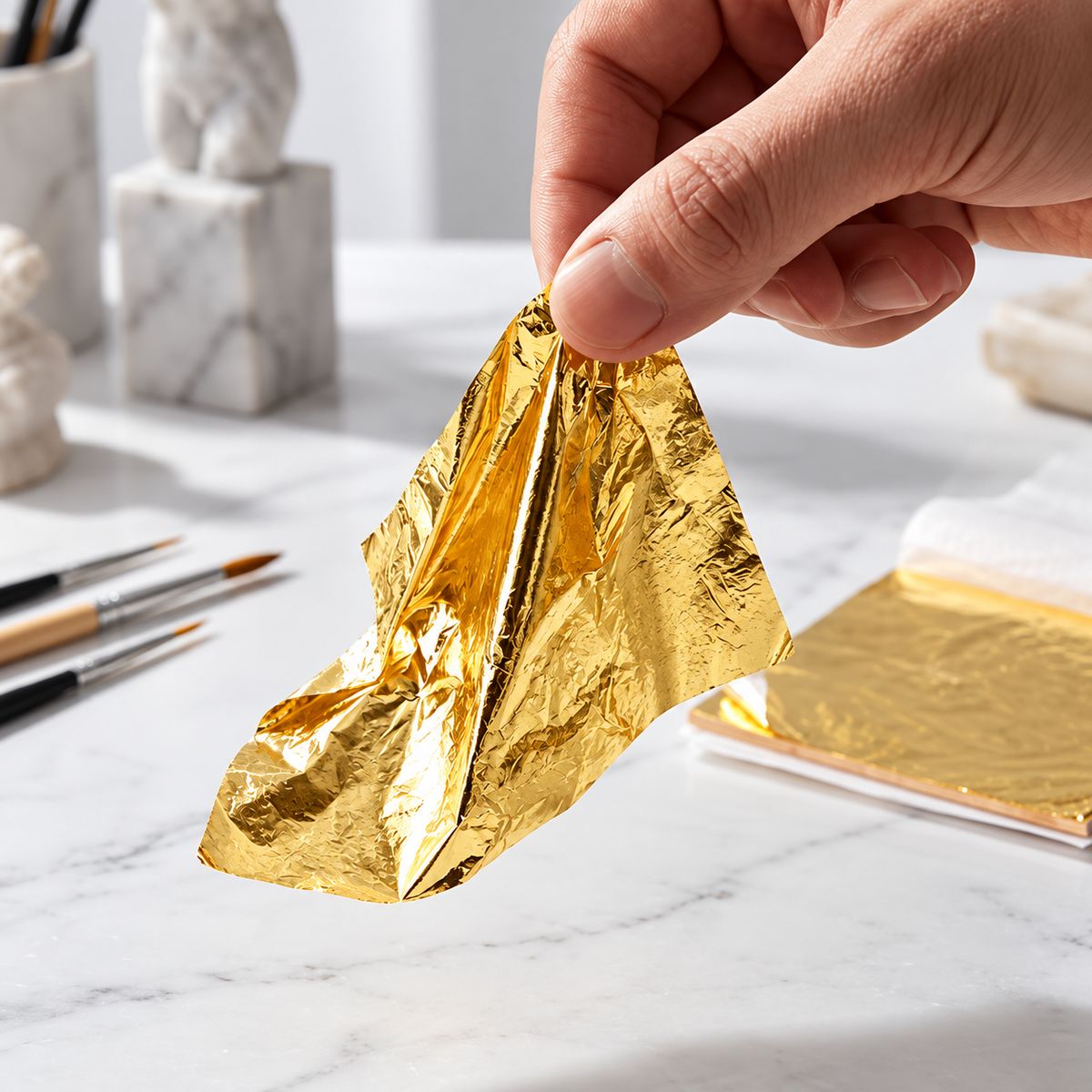 Close-up of a delicate imitation gold leaf sheet held by hand
