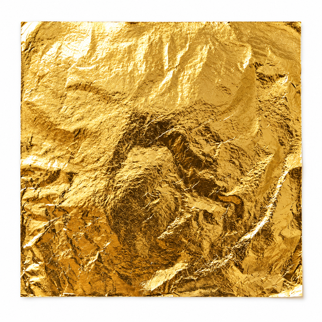 Square gold-colored imitation leaf sheet showing fine metallic texture