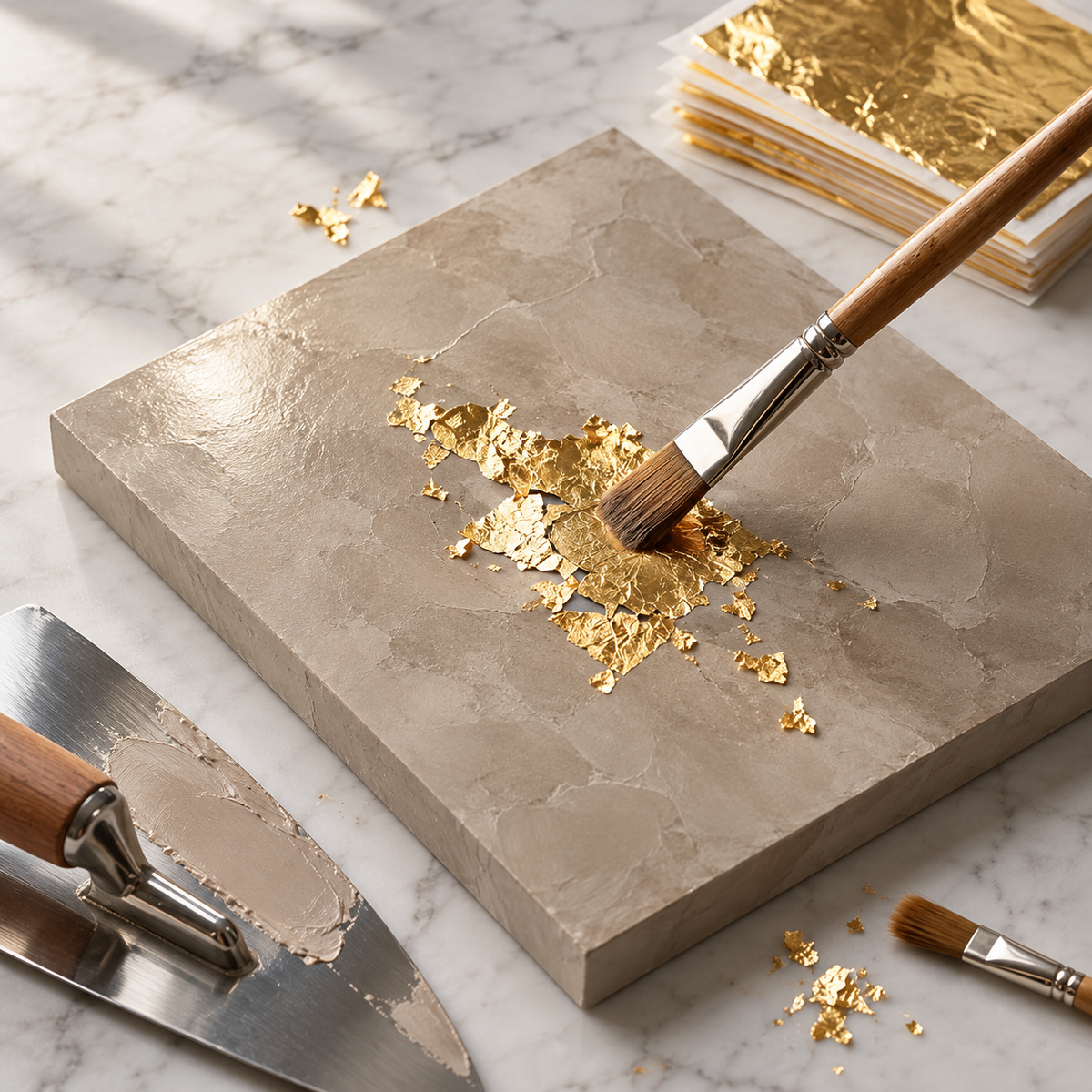 Gold-colored decorative leaf applied to a Venetian plaster sample board