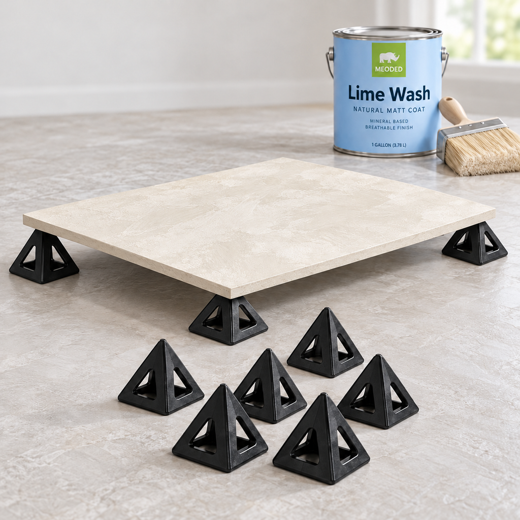 Black painting pyramids supporting an ivory limewash sample board