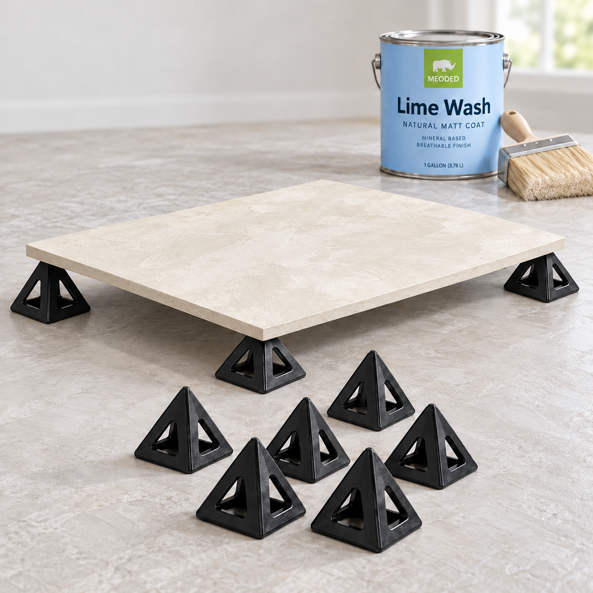 Black painting pyramids supporting an ivory limewash sample board
