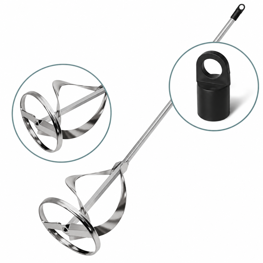 Mixing paddle details showing spiral head and black hanging eyelet