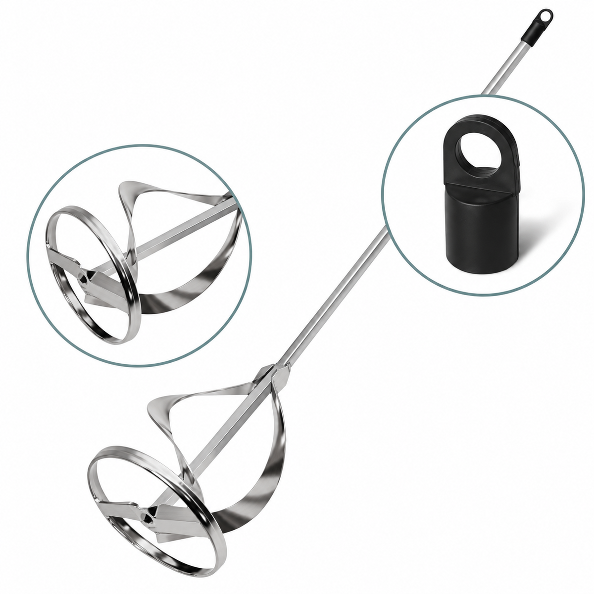 Mixing paddle details showing spiral head and black hanging eyelet