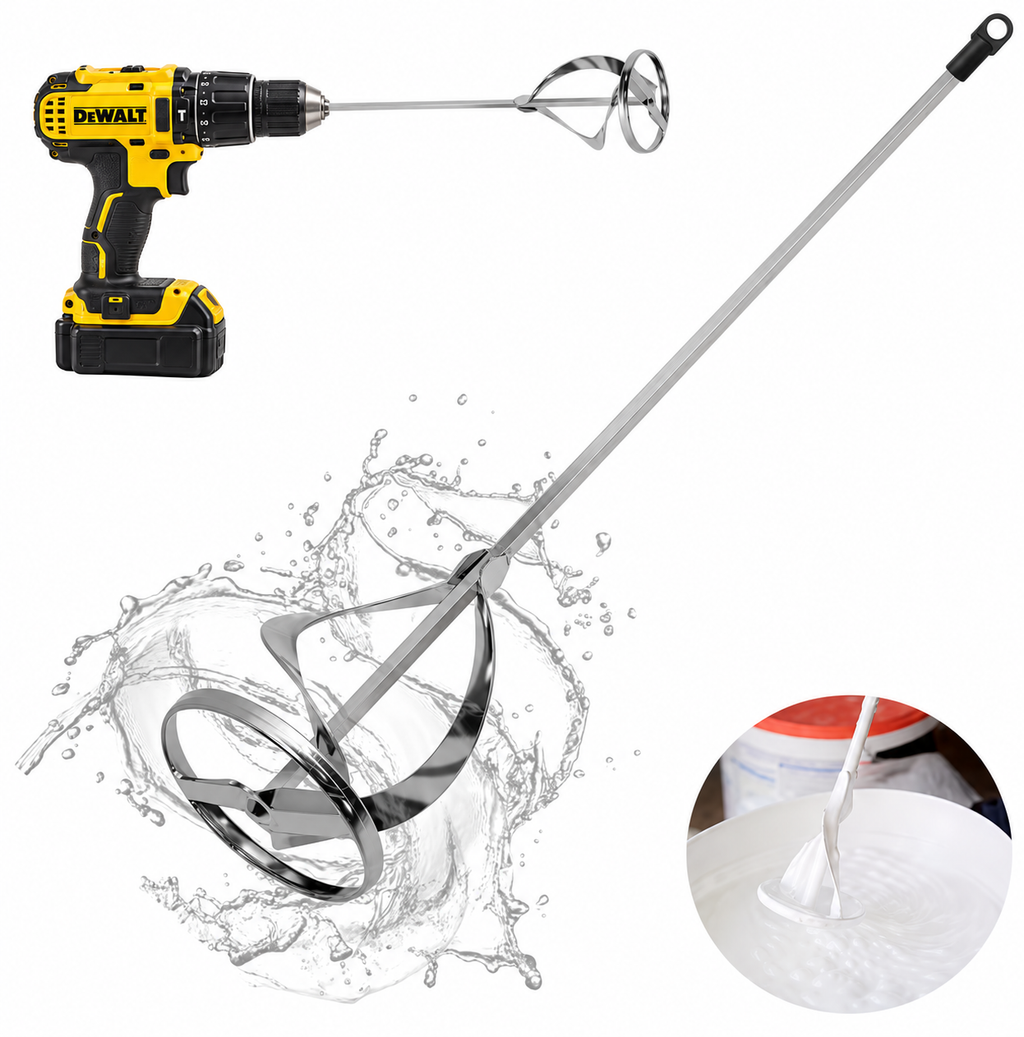 Illustration of mixing paddle attached to a DeWalt drill; drill not included
