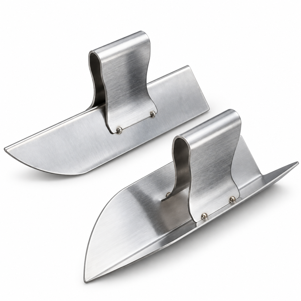 Two-piece stainless steel inside and outside corner finishing tool set on white background