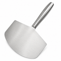 Stainless steel curved plaster spatula with broad rounded blade and metal handle