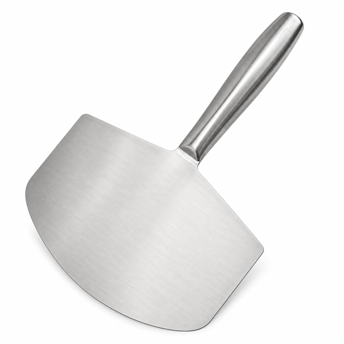 Stainless steel curved plaster spatula with broad rounded blade and metal handle