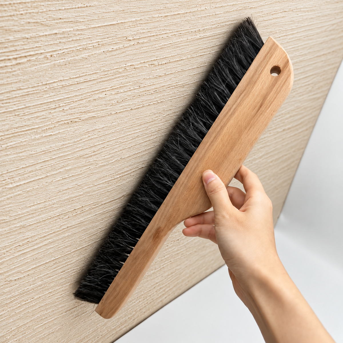 Wooden texturing brush against warm plaster with horizontal brushed lines